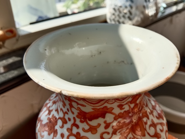 古玩陶瓷礬紅纏枝花卉雙耳瓶真品鑒賞圖