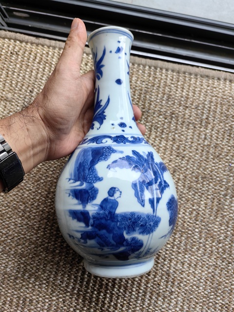 古玩陶瓷明崇禎 青花攜琴訪友膽瓶真品鑒賞圖