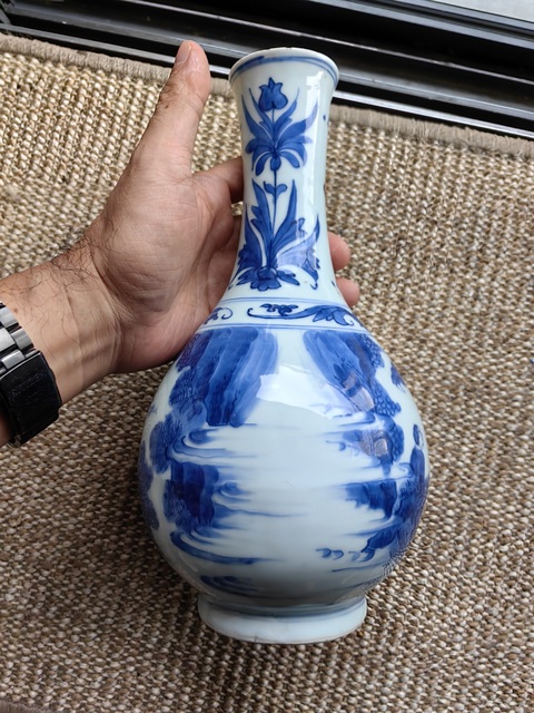 古玩陶瓷明崇禎 青花攜琴訪友膽瓶真品鑒賞圖