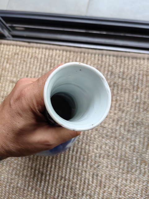 古玩陶瓷明崇禎 青花攜琴訪友膽瓶真品鑒賞圖