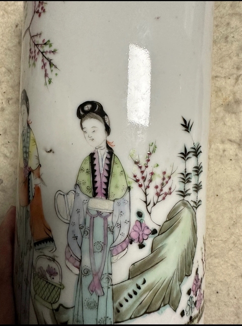 古玩陶瓷粉彩仕女人物帽筒真品鑒賞圖
