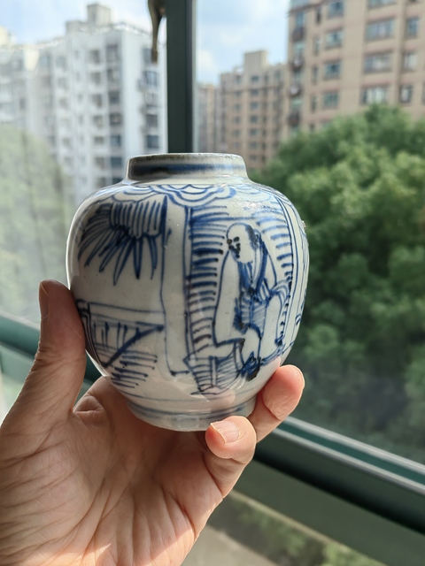 古玩陶瓷青花鐵線描人物紋蓋罐真品鑒賞圖