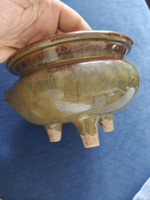 古玩陶瓷窯變釉三足雙耳爐真品鑒賞圖