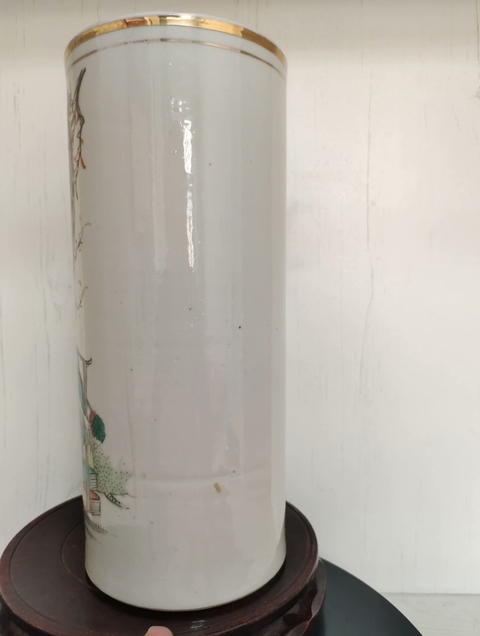 古玩陶瓷油粉彩麻姑獻壽圖帽筒真品鑒賞圖