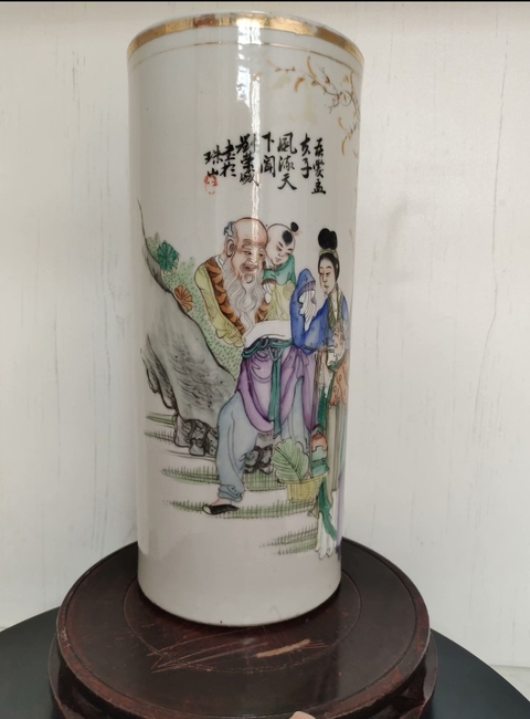 古玩陶瓷油粉彩麻姑獻壽圖帽筒真品鑒賞圖