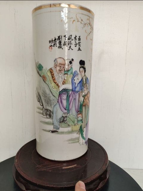 古玩陶瓷油粉彩麻姑獻壽圖帽筒真品鑒賞圖