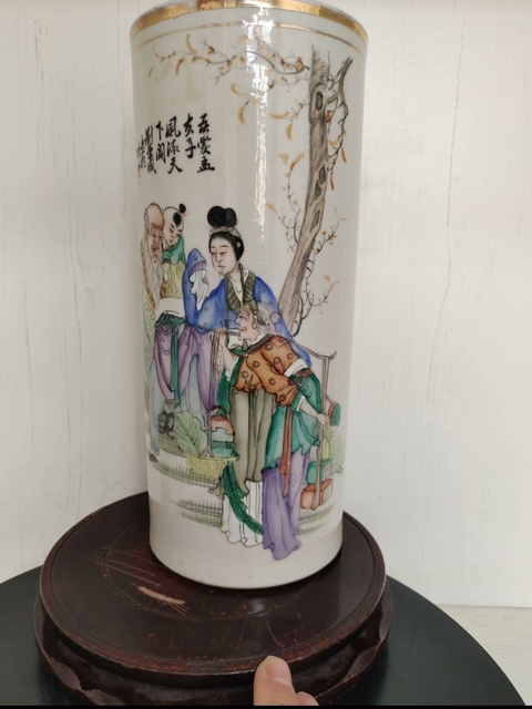 古玩陶瓷油粉彩麻姑獻壽圖帽筒真品鑒賞圖