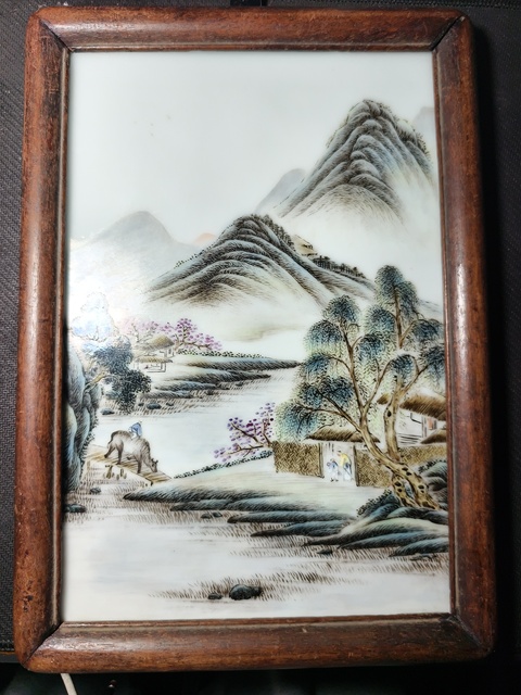 古玩陶瓷山水紋瓷板畫真品鑒賞圖