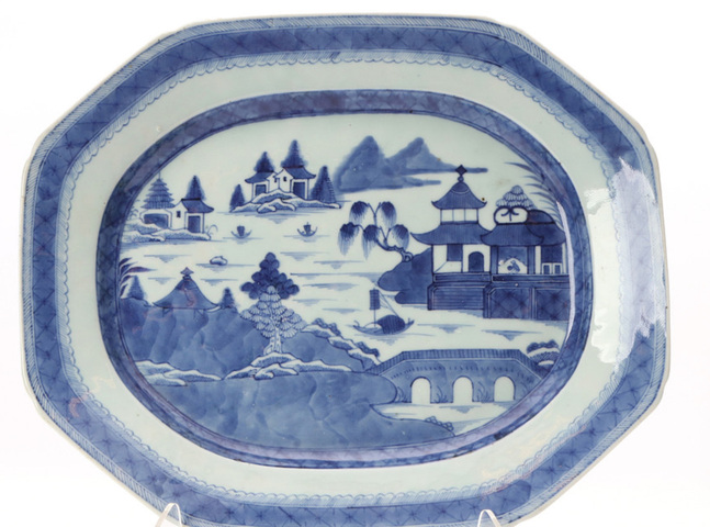 古玩陶瓷清中期 青花山水折沿盤真品鑒賞圖