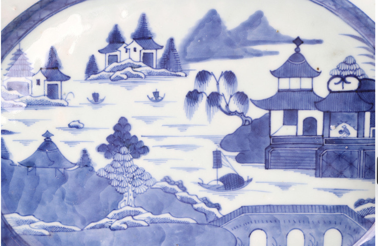 古玩陶瓷清中期 青花山水折沿盤真品鑒賞圖