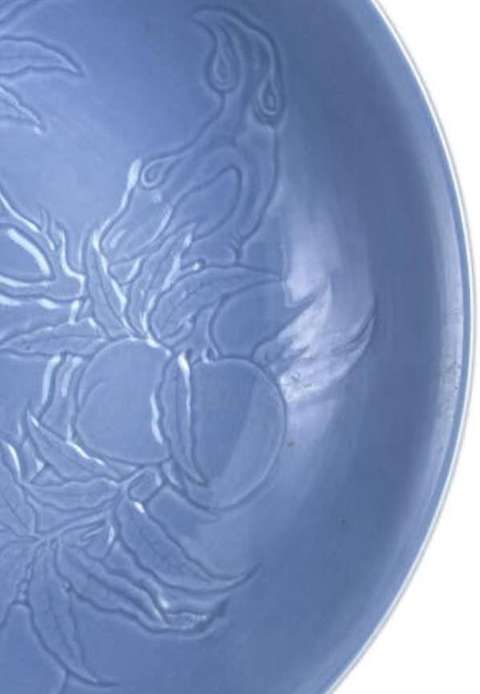 古玩陶瓷藍(lán)釉刻花雙圈足盤真品鑒賞圖