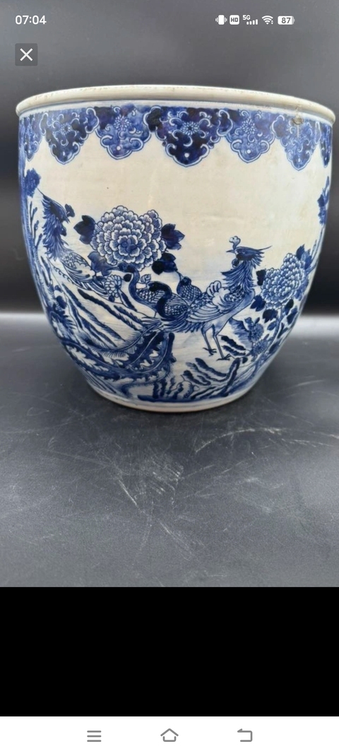古玩陶瓷青花鳳穿牡丹圖畫缸真品鑒賞圖