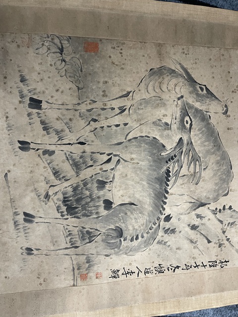 古玩字畫李鱓款松下雙鹿圖立軸真品鑒賞圖