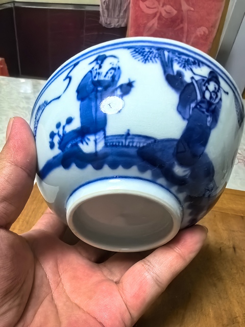 古玩陶瓷三星高照圖青花茶圓真品鑒賞圖