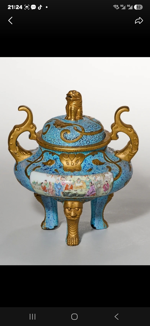 古玩陶瓷爐鈞釉描金粉彩人物三足雙耳爐真品鑒賞圖