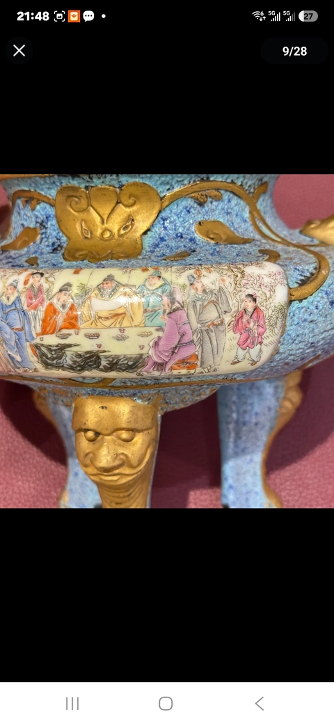 古玩陶瓷爐鈞釉描金粉彩人物三足雙耳爐真品鑒賞圖