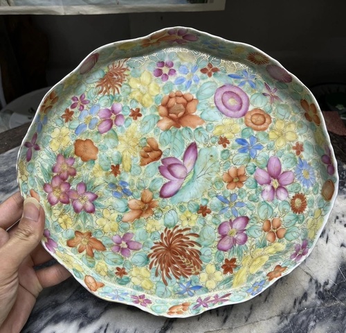 古玩陶瓷粉彩百花不落地茶盤(pán)真品鑒賞圖