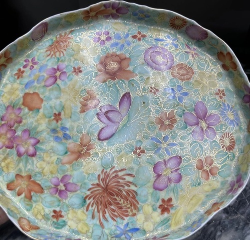 古玩陶瓷粉彩百花不落地茶盤(pán)真品鑒賞圖