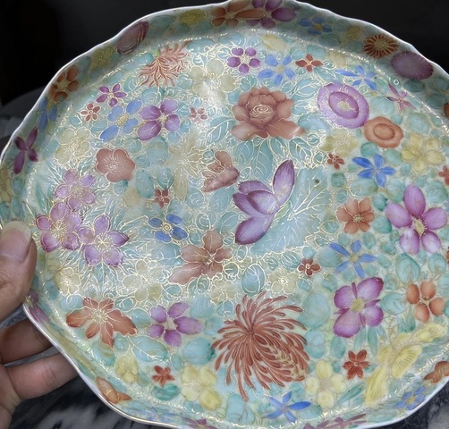 古玩陶瓷粉彩百花不落地茶盤(pán)真品鑒賞圖