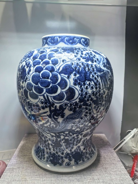古玩陶瓷青花鳳穿牡丹將軍罐，注意品相真品鑒賞圖