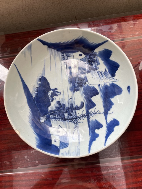 古玩銅器清中早·青花山水人物紋盤 真品鑒賞圖