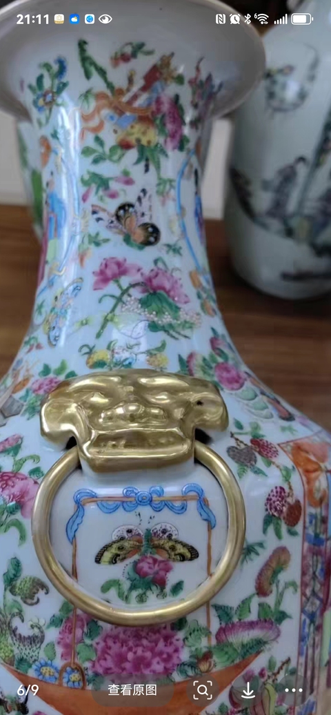 古玩陶瓷人物花鳥蝶紋廣彩描金瓶真品鑒賞圖