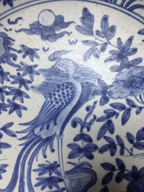 古玩陶瓷漳州窯青花鳳穿牡丹大盤真品鑒賞圖