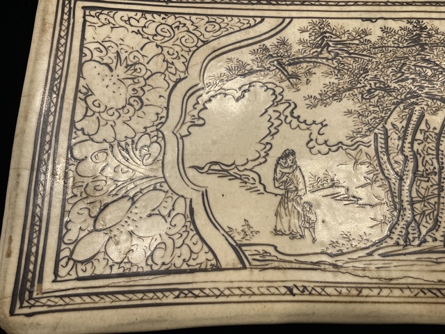 古玩陶瓷白地黑花刻繪人物故事瓷枕真品鑒賞圖