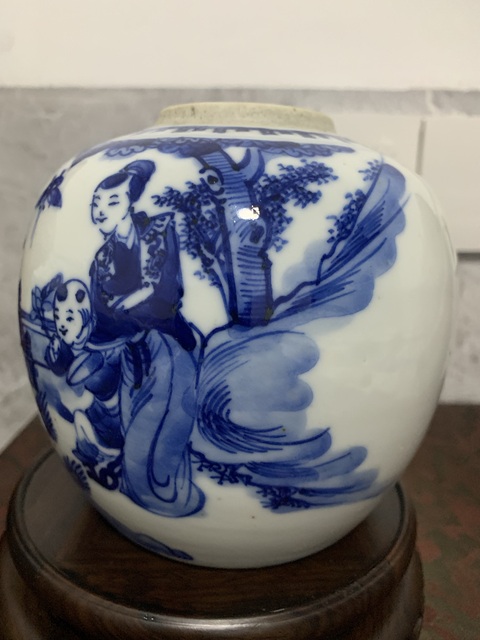 古玩陶瓷清晚期 青花仕女嬰戲紋罐拍賣，當前價格2200元