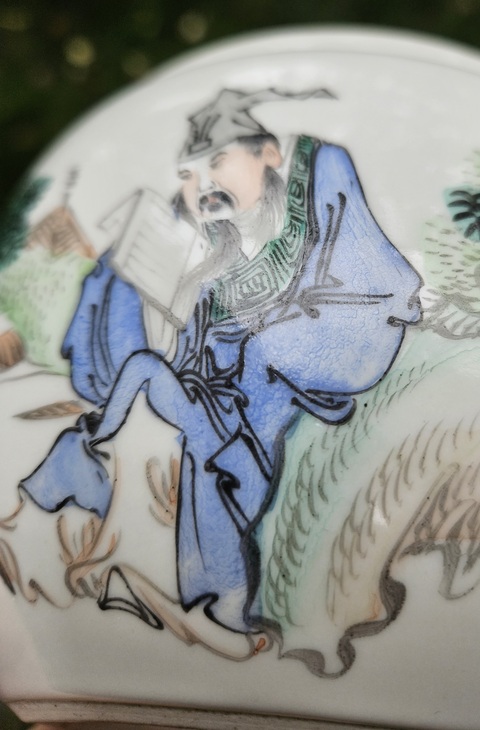 古玩陶瓷淺絳彩人物故事粥罐真品鑒賞圖