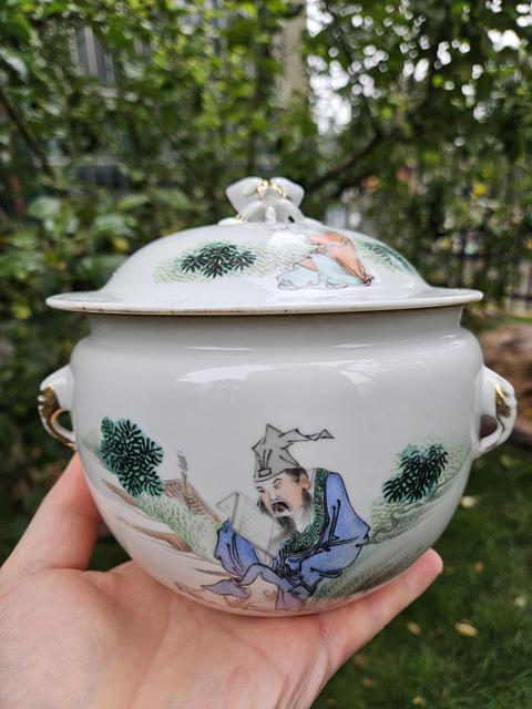 古玩陶瓷淺絳彩人物故事粥罐真品鑒賞圖