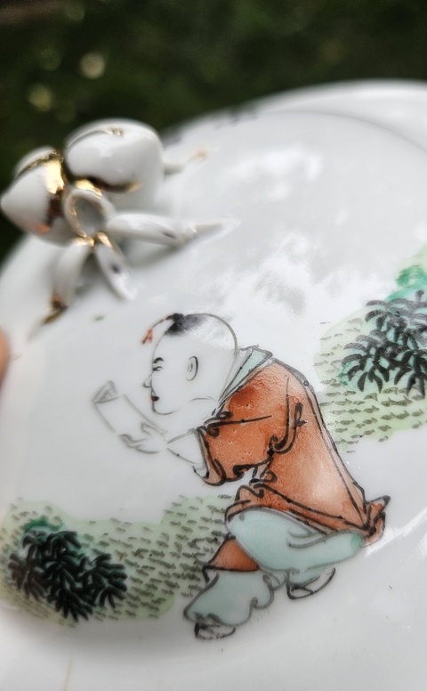 古玩陶瓷淺絳彩人物故事粥罐真品鑒賞圖