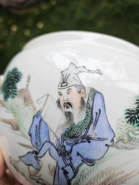 古玩陶瓷淺絳彩人物故事粥罐真品鑒賞圖