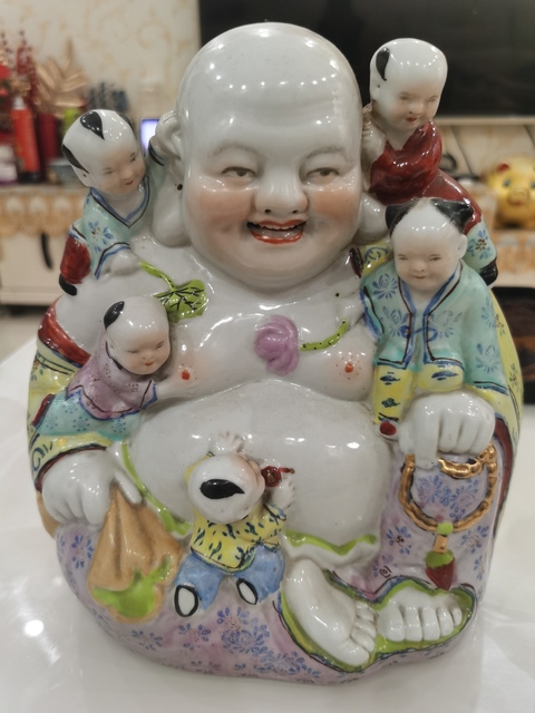 古玩陶瓷粉彩彌勒佛坐像真品鑒賞圖