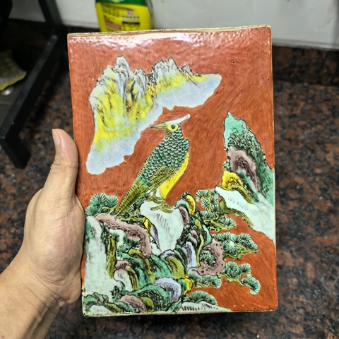 古玩陶瓷珊瑚紅粉彩花鳥紋瓷板真品鑒賞圖