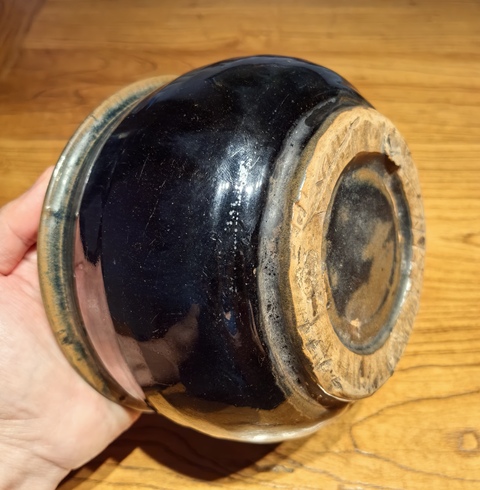 古玩陶瓷明磁州窯黑釉藍毫折沿缽拍賣,當前價格136元