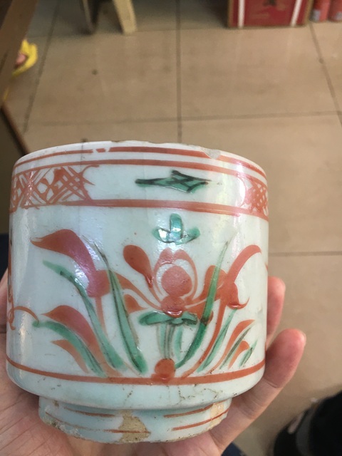 古玩陶瓷紅綠彩魚(yú)藻紋圈足筒式香爐真品鑒賞圖