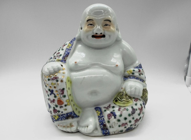 古玩陶瓷粉彩花卉彌勒笑佛真品鑒賞圖