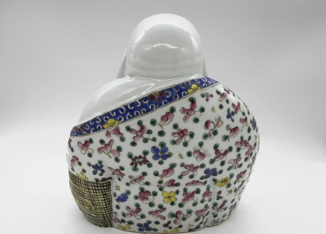 古玩陶瓷粉彩花卉彌勒笑佛真品鑒賞圖