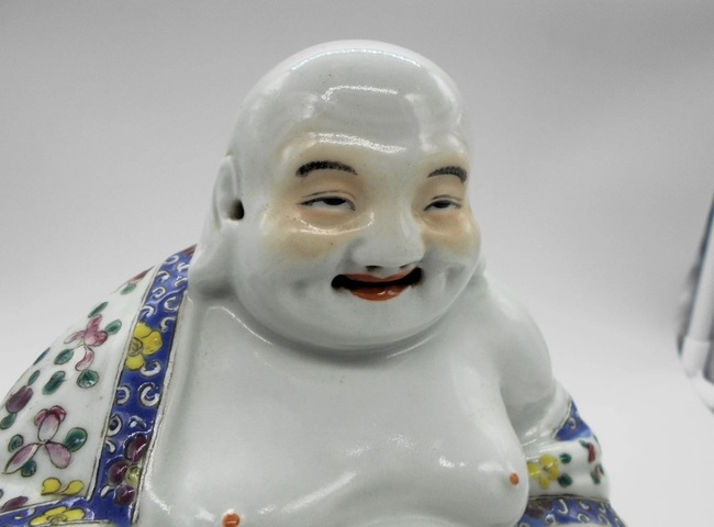 古玩陶瓷粉彩花卉彌勒笑佛真品鑒賞圖