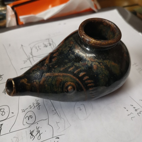 古玩陶瓷窯變黑釉鳥形油燈真品鑒賞圖