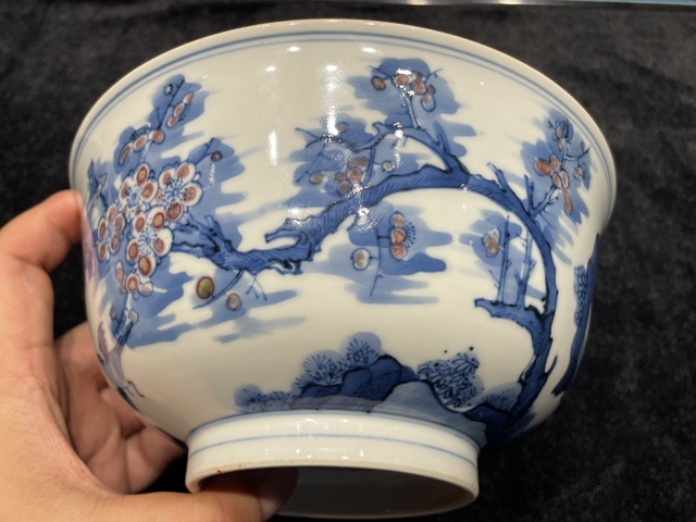 古玩陶瓷青花釉里紅花鳥紋碗真品鑒賞圖