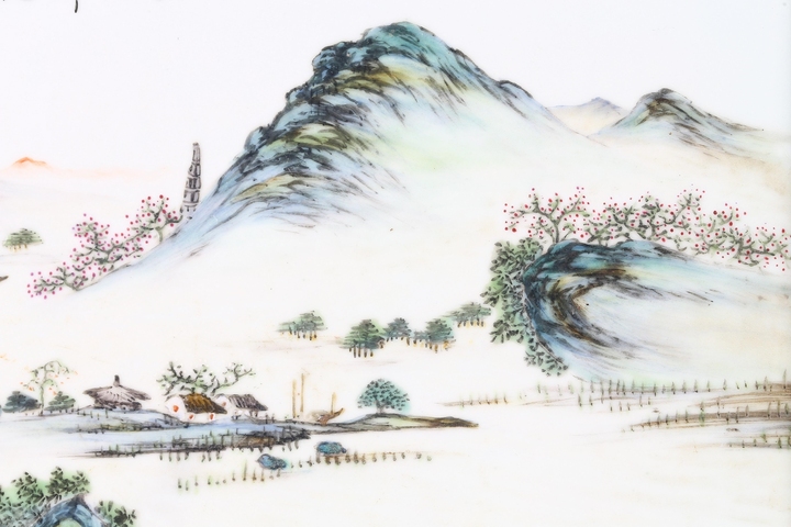 古玩陶瓷粉彩山水紋瓷板真品鑒賞圖