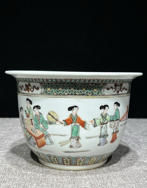 古玩陶瓷五彩人物故事花盆真品鑒賞圖