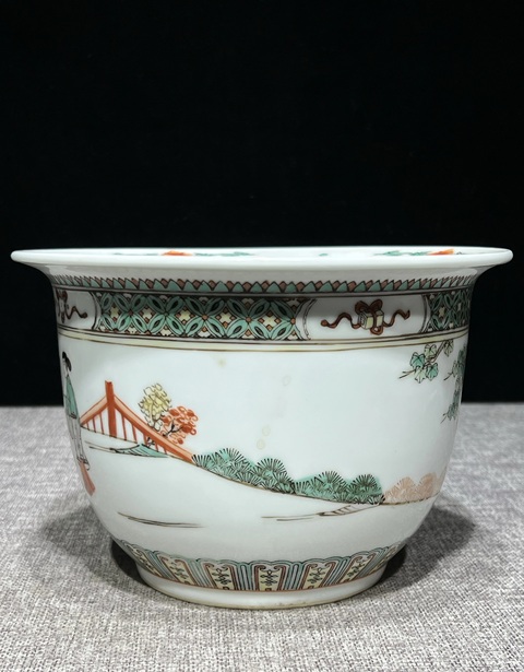 古玩陶瓷五彩人物故事花盆真品鑒賞圖