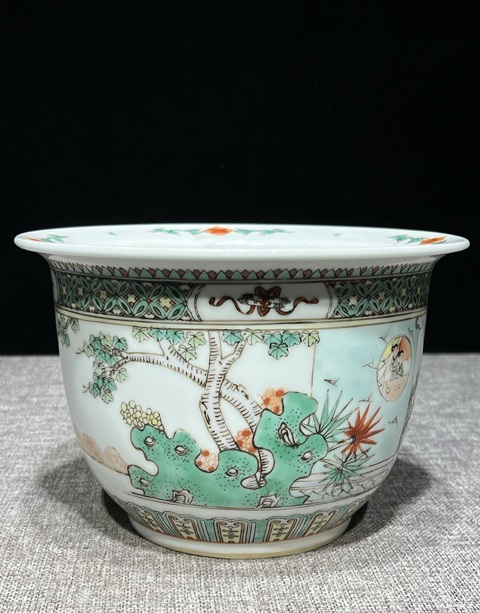古玩陶瓷五彩人物故事花盆真品鑒賞圖