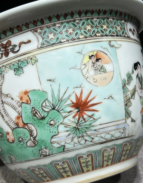 古玩陶瓷五彩人物故事花盆真品鑒賞圖