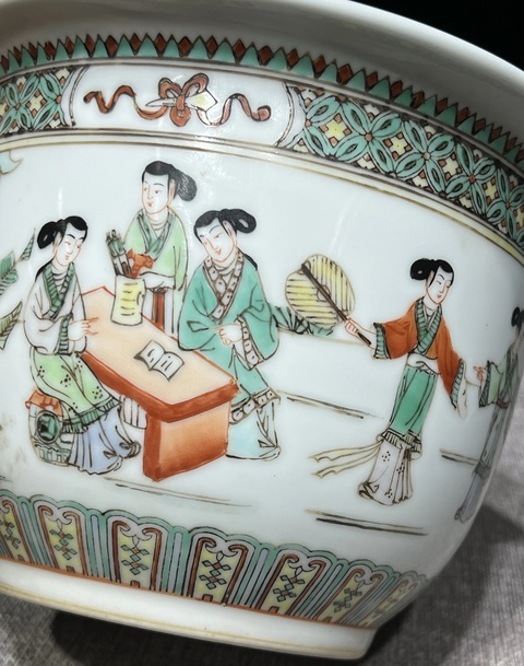 古玩陶瓷五彩人物故事花盆真品鑒賞圖