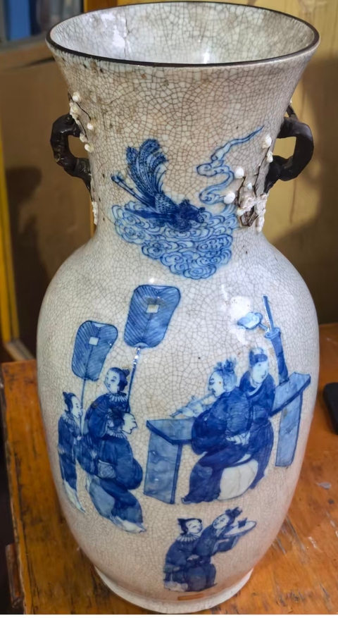 古玩陶瓷仿哥釉青花繪人物故事紋雙耳敞口瓶真品鑒賞圖