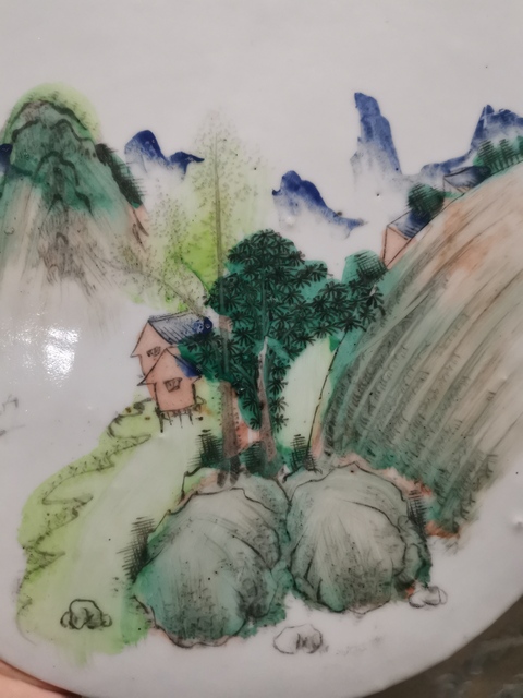 古玩陶瓷粉彩山水紋瓷板真品鑒賞圖